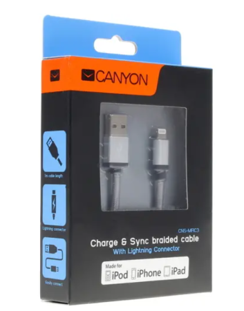 Кабель USB - Lightning CANYON 1м RHCNSMFIC3DG (темно серый) фото