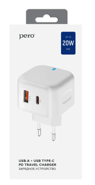 Сетевое зарядное устройство PERO TC10 USB-C 20W + USB-A Fast Charge белый ТС10WHPD фото