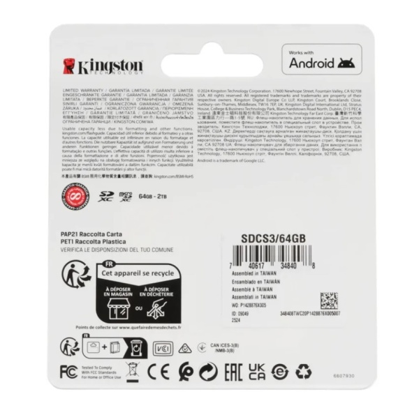 Карта памяти MicroSD 64GB Kingston Class 10 Canvas Select Plus A1 U1 V10 (100 Mb/s) (SDCS3/64GB) фото