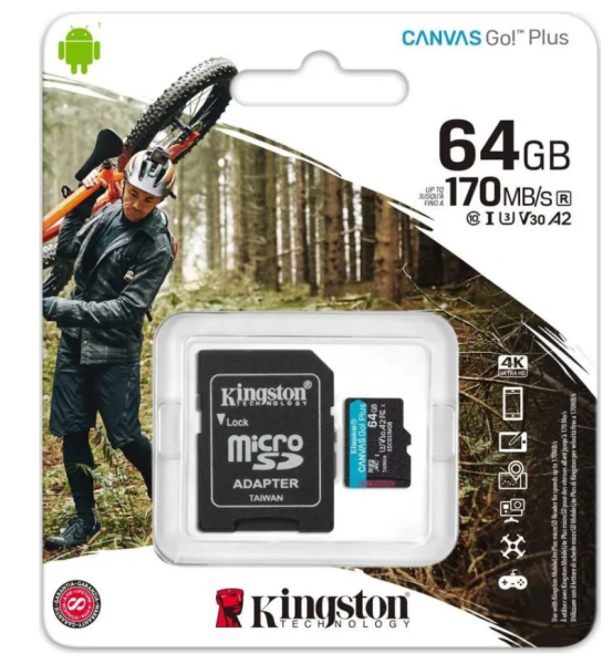 Карта памяти MicroSD 64GB Kingston Сlass 10 Canvas Go Plus UHS-I U3 V30 A2 (170/70) (SDCG3/64GBSP) фото
