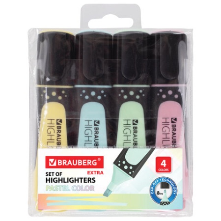 Набор текстовыделителей BRAUBERG 4 шт., АССОРТИ, "EXTRA PASTEL", прорезин. корпус, 1-5 мм, 151756 фото