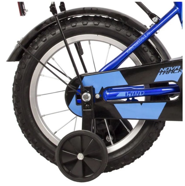 (м) Велосипед детский NOVATRACK 14"143WIND.BL22 синий, полная защита цепи, пер.ручн, зад нож тормоз. фото