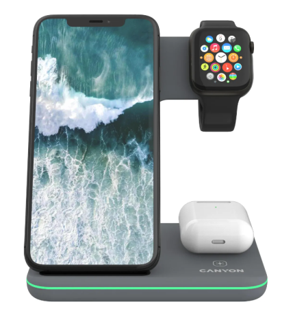 Беспроводное зарядное устройство CANYON WS-303 3в1 Темно-серый (GX1CNSWCS303DG) фото