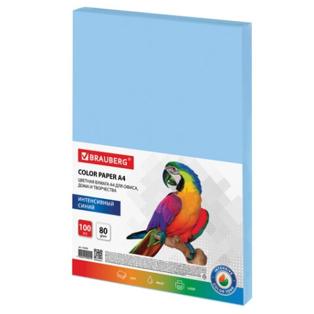Бумага цветная BRAUBERG, А4, 80 г/м2, 100 л., интенсив, синяя, для офисной техники, 112453 фото