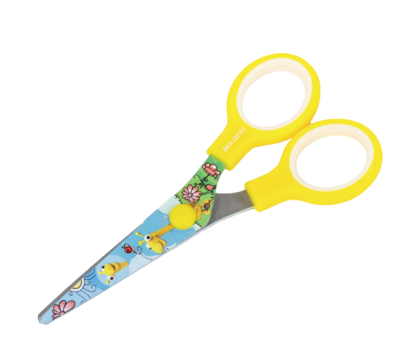 Ножницы 130 мм с цветной печатью "Жирафы", жёлтые, закругленные, BRAUBERG KIDS, 232269 фото