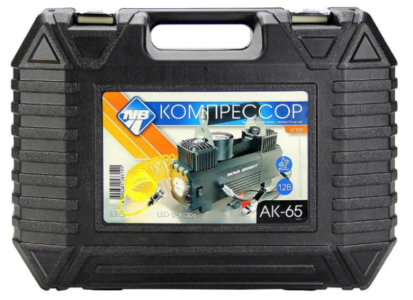 Авто-компрессор воздушный NOVA BRIGHT АК-65 металлический корпус, LED-фонарь, пластик.кейс 47160 фото