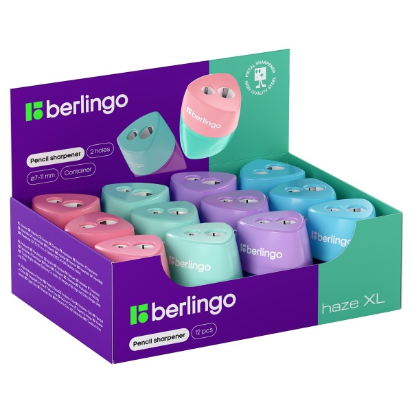 Точилка пластиковая Berlingo "Haze XL", с контейнером, 2 отверстия, ассорти  фото