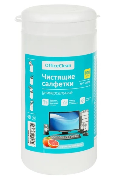 Салфетки чистящие влажные OfficeClean, универсальные, в тубе, с ароматом грейпфрута, 100шт. фото