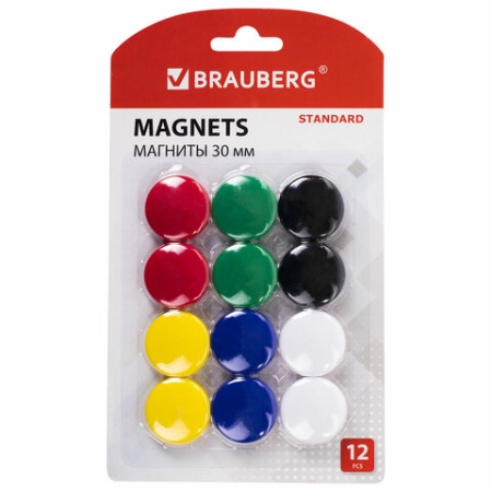 Магниты BRAUBERG "STANDARD" 30 мм, НАБОР 12 шт., ассорти, 237472 фото