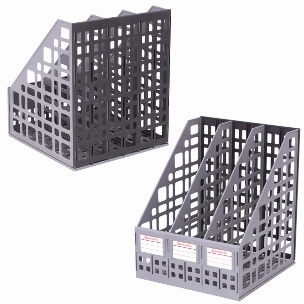 Лоток вертикальный для бумаг BRAUBERG "MAXI Plus", 240 мм, 3 отдел, сетчатый, сборный, серый,237014 фото