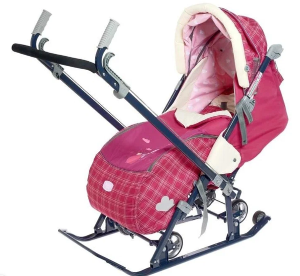 Санки-коляска Ника детям НД7-4/3 с колесом Принт: вишневый в клетку фото
