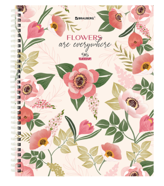 Тетрадь А5 96л. BRAUBERG гребень, клетка, твёрдая обложка, Flowers (микс в спайке), 404444 фото