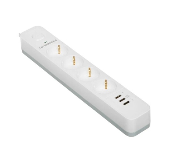 Сетевой фильтр Гарнизон 2.0 Мультипорт EPS-4-U3-W-2, 4 р, 10А, 3xUSB, 2м, ур.защиты 2+, белый фото