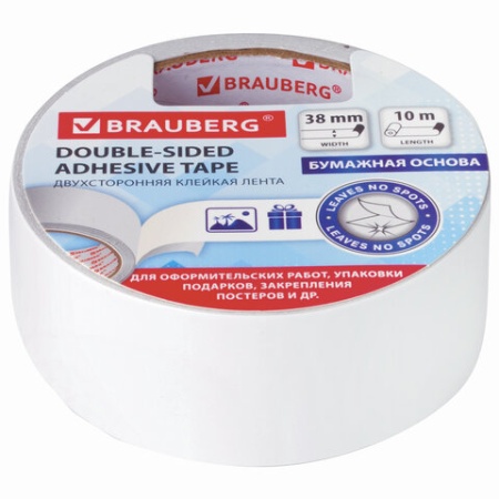 Клейкая двухсторонняя лента 38 мм х 10 м, БУМАЖНАЯ ОСНОВА, BRAUBERG, 229056 фото