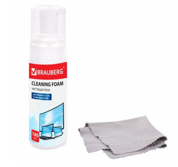 Чистящий набор для экранов всех типов и оптики BRAUBERG, комплект салфетка и пена 180 мл, 511693 фото