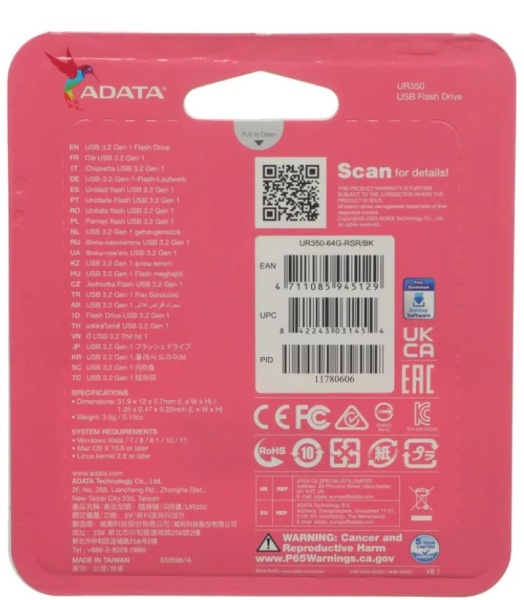 USB флеш-накопитель 64Gb A-Data  UR350 UR350-64G-RSR/BK USB 3.2 серебро/чёрный  фото