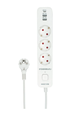 Сетевой фильтр Гарнизон 2.0 Мультипорт EPS-3-CU2-W-2, 3 р, 10А, 1xType-C PD, 2хUSB QC, 2м, ур.защиты фото