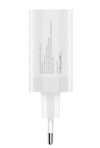 Сетевое зарядное устройство PERO TC15 USB-A QC3.0 + USB-C PD 65W белый ТС15W фото