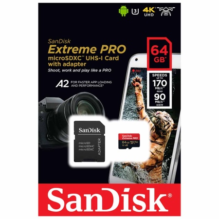 Карта памяти MicroSD 64GB SanDisk Extreme A2 UHS-I U3 (170 Mb/s) (SDSQXAH-064G-GN6GN) фото