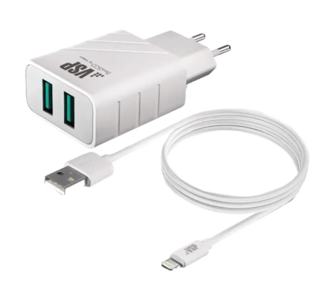 Сетевое зарядное устройство BORASCO 2 USB, 2,4A кабель 8PIN, 1м, белое (37265) фото