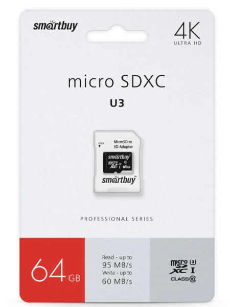 Карта памяти MicroSD 64GB Smart Buy Сlass 10 Pro UHS-I U3 (70/90 Mb/s) (SB64GBSDCL10U3-01) купить ЦИТ Карта памяти MicroSD 64GB Smart Buy Сlass 10 Pro UHS-I U3 (70/90 Mb/s) (SB64GBSDCL10U3-01) фото