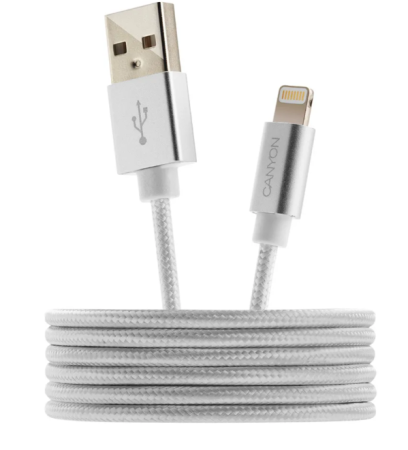 Кабель USB - Lightning CANYON 1м CNS в нейлоновой оплетке белый (MFI) (SWECNSMFIC3PW) фото
