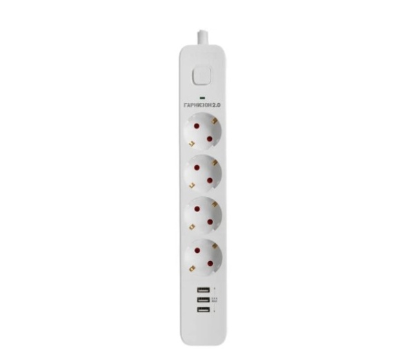 Сетевой фильтр Гарнизон 2.0 Мультипорт EPS-4-U3-W-2, 4 р, 10А, 3xUSB, 2м, ур.защиты 2+, белый фото