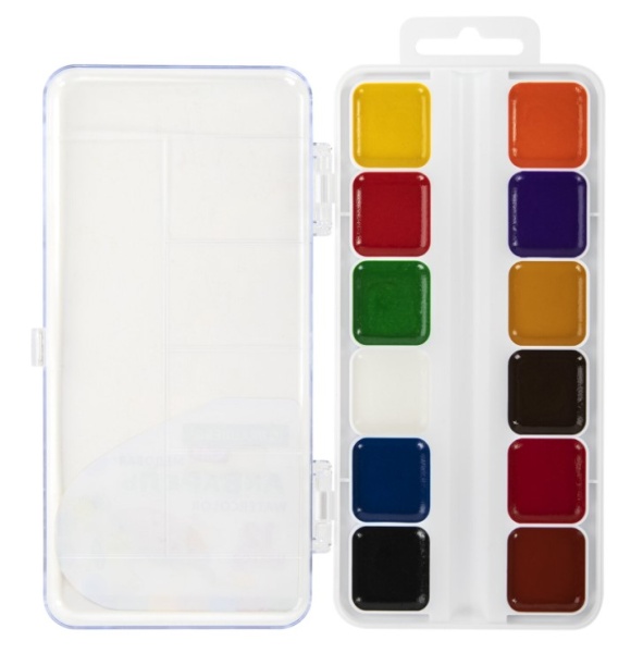 Краски акварельные BRAUBERG KIDS, медовые, 12 цветов, квадратные кюветы, пластиковый пенал, 192282 фото