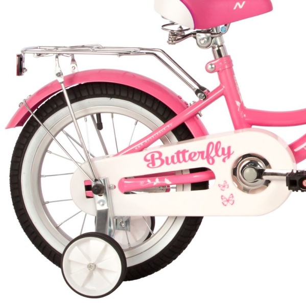 (м) Велосипед детский NOVATRACK 16"167BUTTERFLY.PN23 розовый, тормоз нож, крылья и багаж хром, корз, фото