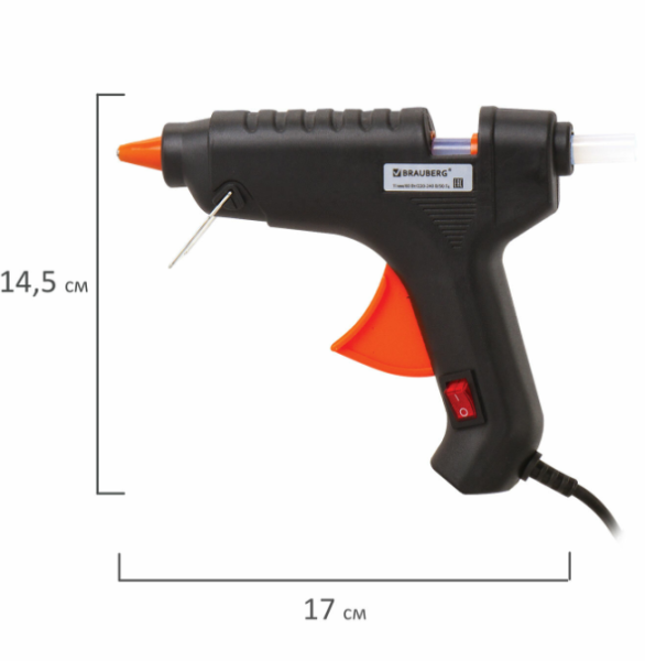 Клеевой пистолет 60 Вт для стержня 11 мм, с выключателем BRAUBERG, в блистере, 671053 фото