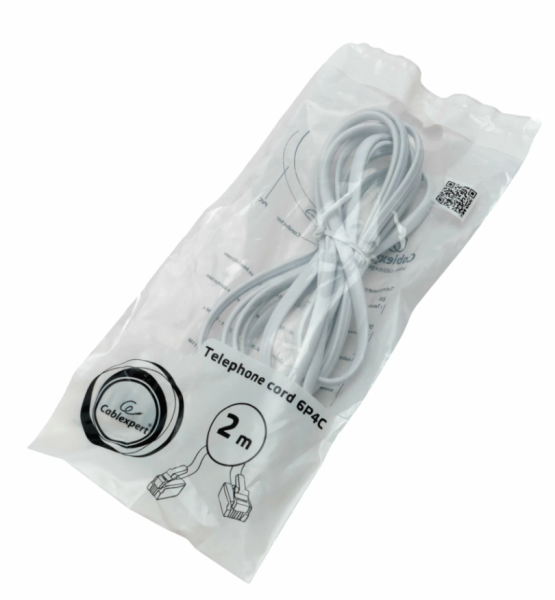 Кабель Cablexpert телефонный аппарат-розетка, 2 м, белый TC6P4C-2M фото