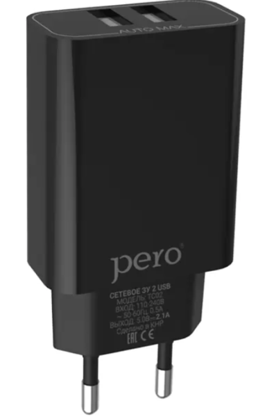 Сетевое зарядное устройство PERO TC02 2USB 2.1A черный ТС02BL2A фото