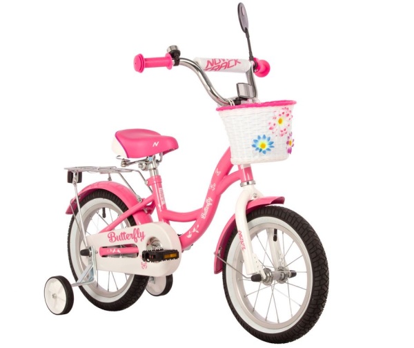 (м) Велосипед детский NOVATRACK 14"147BUTTERFLY.PN23 розовый, тормоз нож, крылья и багаж хром, корз, фото