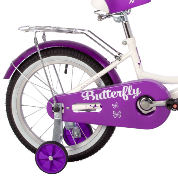 (м) Велосипед детский NOVATRACK 16"167BUTTERFLY.WVL23 белый-фиолетовый, тормоз ножной, крылья и бага фото