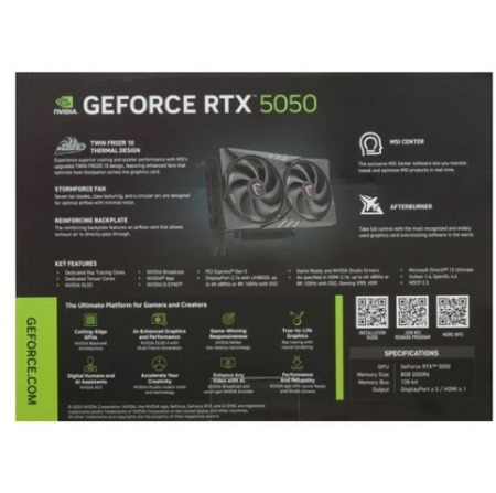 Видеокарта PCI-E 8Gb MSI RTX 5050 8G GAMING OC 128bit GDDR6 GDDR6 2632/20000 HDMIx1 DPx3 HDCP Ret фото