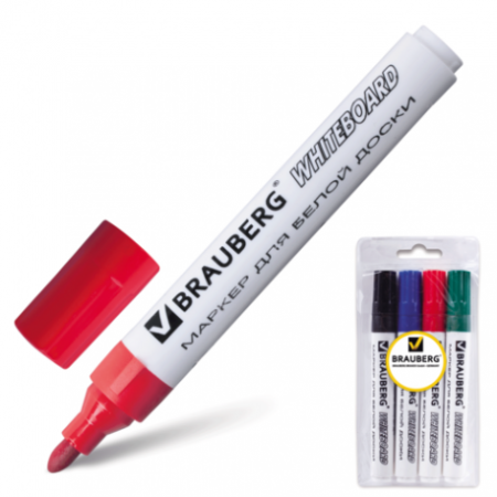 Маркеры стираемые для белой доски НАБОР 4 ЦВЕТА, BRAUBERG, 5 мм, 150417 фото