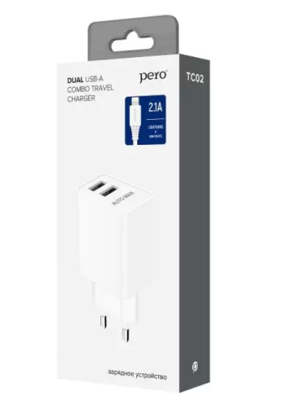 Сетевое зарядное устройство PERO TC02 2USB 2.1A c кабелем Lightning в комплекте, белый ТС02W2AL купить ЦИТ Сетевое зарядное устройство PERO TC02 2USB 2.1A c кабелем Lightning в комплекте, белый ТС02W2AL фото