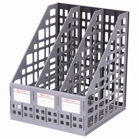 Лоток вертикальный для бумаг BRAUBERG "MAXI Plus", 240 мм, 3 отдел, сетчатый, сборный, серый,237014 фото