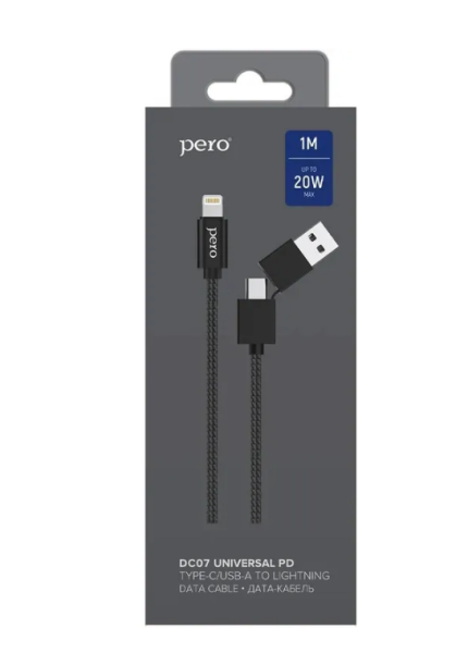Кабель Type-C+USB-A - Lightning PERO DC-07 1м черный PRDC-07UTL1MB фото