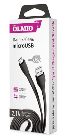 Кабель USB - MicroUSB OLMIO 1м, черный плоский (38658) фото