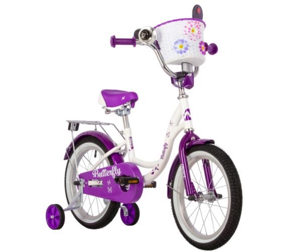 (м) Велосипед детский NOVATRACK 16"167BUTTERFLY.WVL23 белый-фиолетовый, тормоз ножной, крылья и бага фото