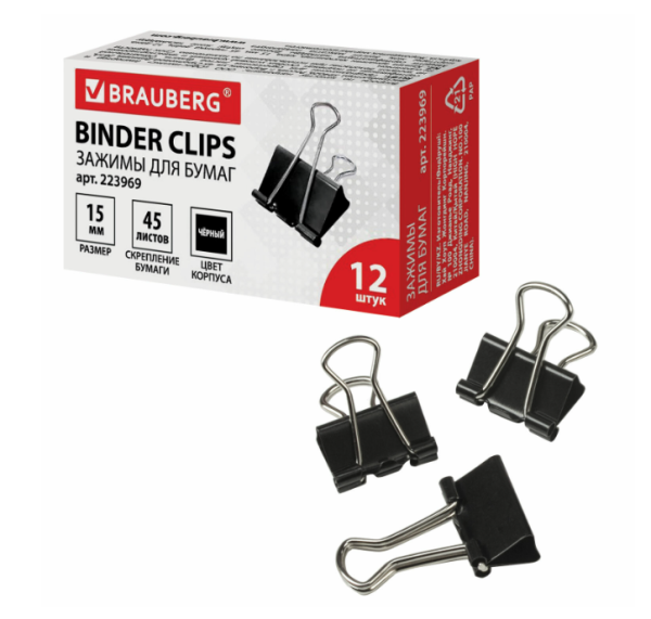 Зажим для бумаг 15 мм черные BRAUBERG фото