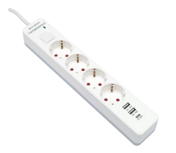 Сетевой фильтр Гарнизон 2.0 Мультипорт EPS-OP-4-CU2-W-2, 4р, 10А, 1xType-C PD QC, 2хUSB, 2м, ур.защи фото